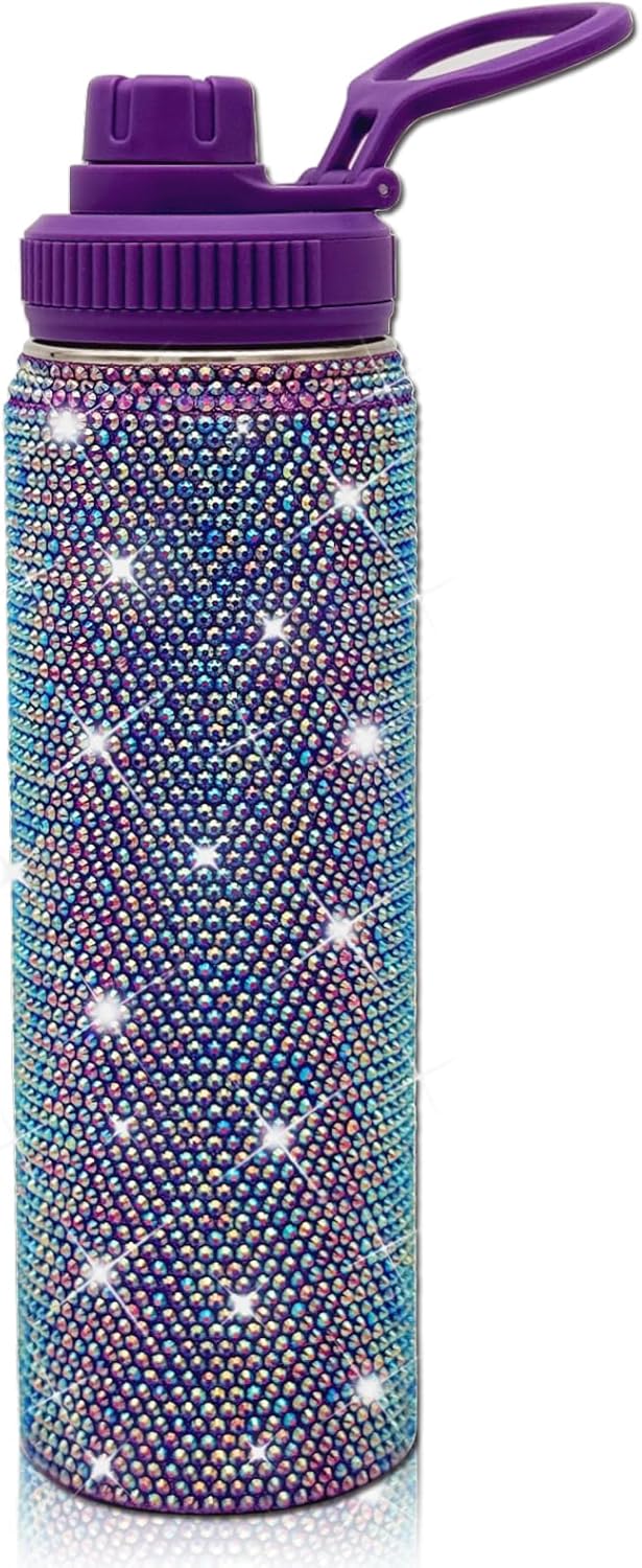 22oz Stainless Steel Bling Crystal Water Bottle Rhinestone Vacuum Insulated Bottle with Spout Lid Reusable Double-Wall Glitter Sport Bottle Gift for Women Girl (Violet)