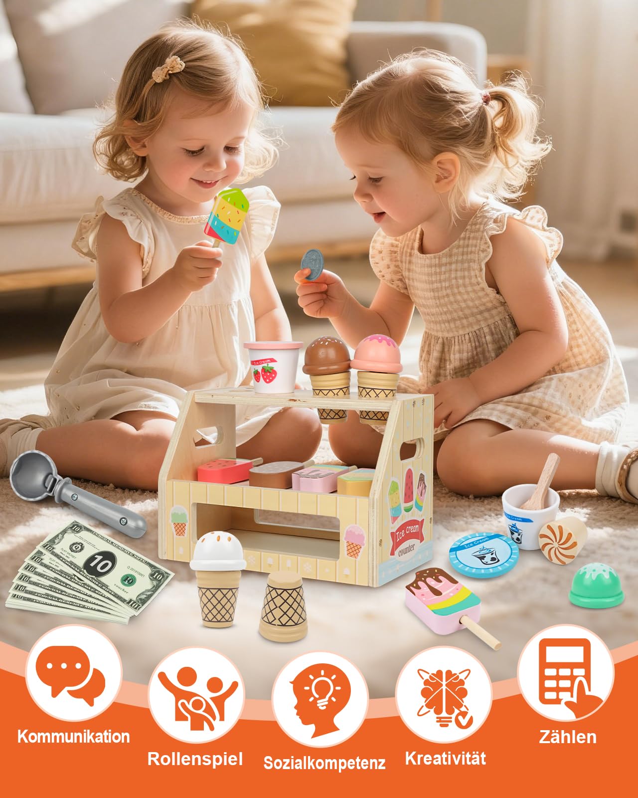 KidMigo Eisdiele Kinder Holz – 36-teiliges Eisladen Spielzeug mit Eisstand, Holz Eisdiele ab 3 Jahre, EIS Spielzeug für Kinder, Kaufladen Zubehör Kinderküche