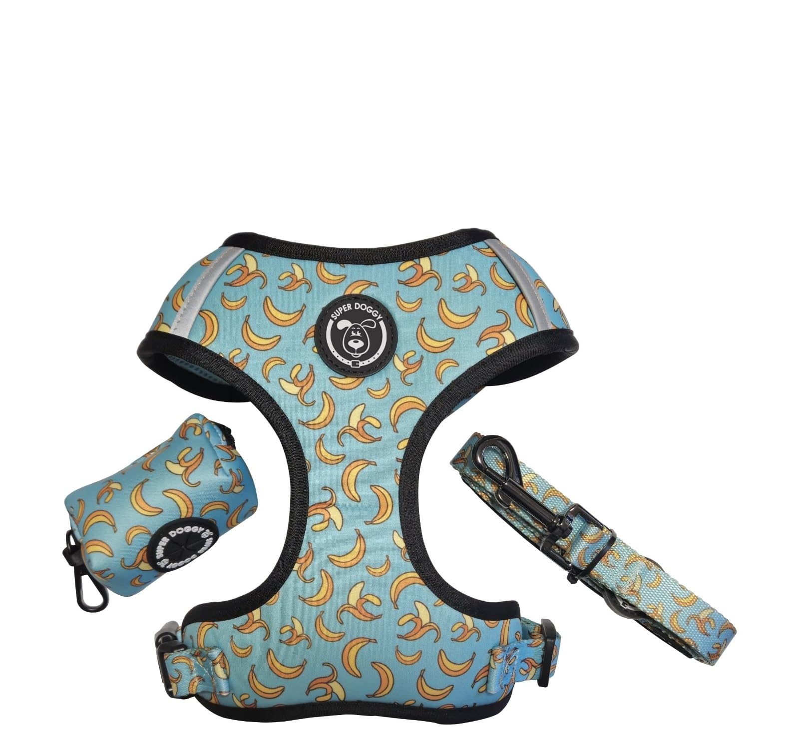 SUPER DOGGY Juego de arnés antitirones para perros con correa y dispensador de bolsas, arnés transpirable para perros pequeños y medianos (Blue Bananas, S (3,5-7 kg)