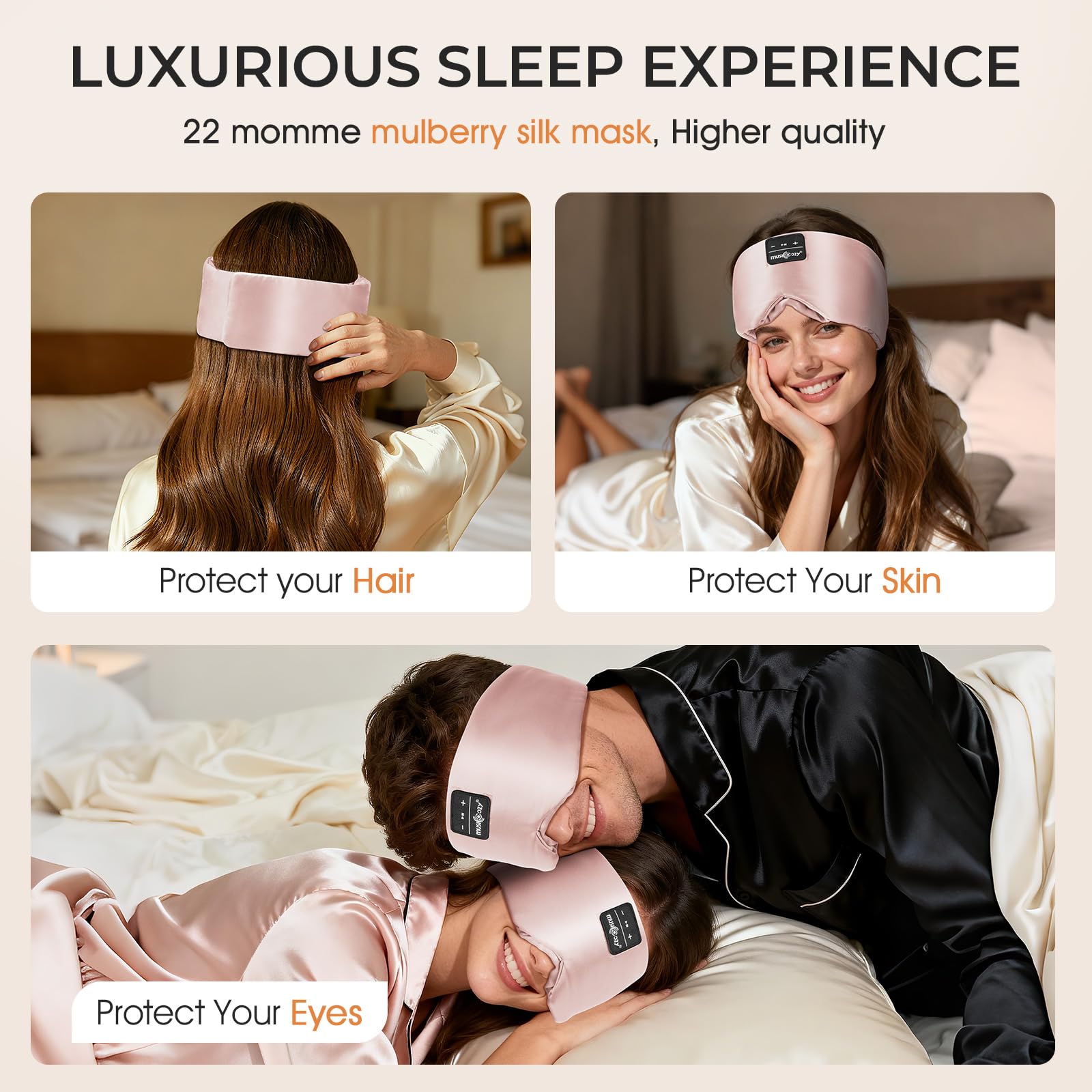 Musicozy Antifaz para dormir con auriculares Bluetooth, 100% opaco, para hombres y mujeres, color rosa