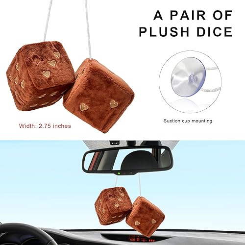 Miniatura 2 de 2 dados de felpa mullidos para espejo de automóvil, 2.75 pulgadas, retro, cuadrados, en forma de corazón, espejo retrovisor para automóvil, linda