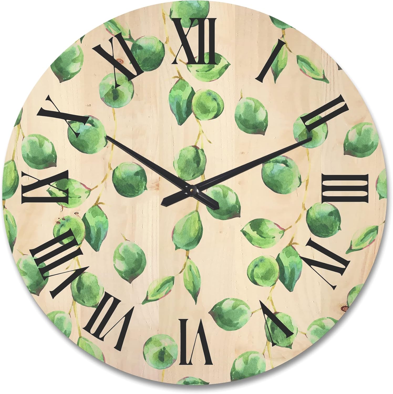'Tropical Green Leaves Patern On White' Tropical Wood Wall Clock Large Decorative Floral & Botanical Wall Clock Oversized Wood Clocks for Living Room Décor