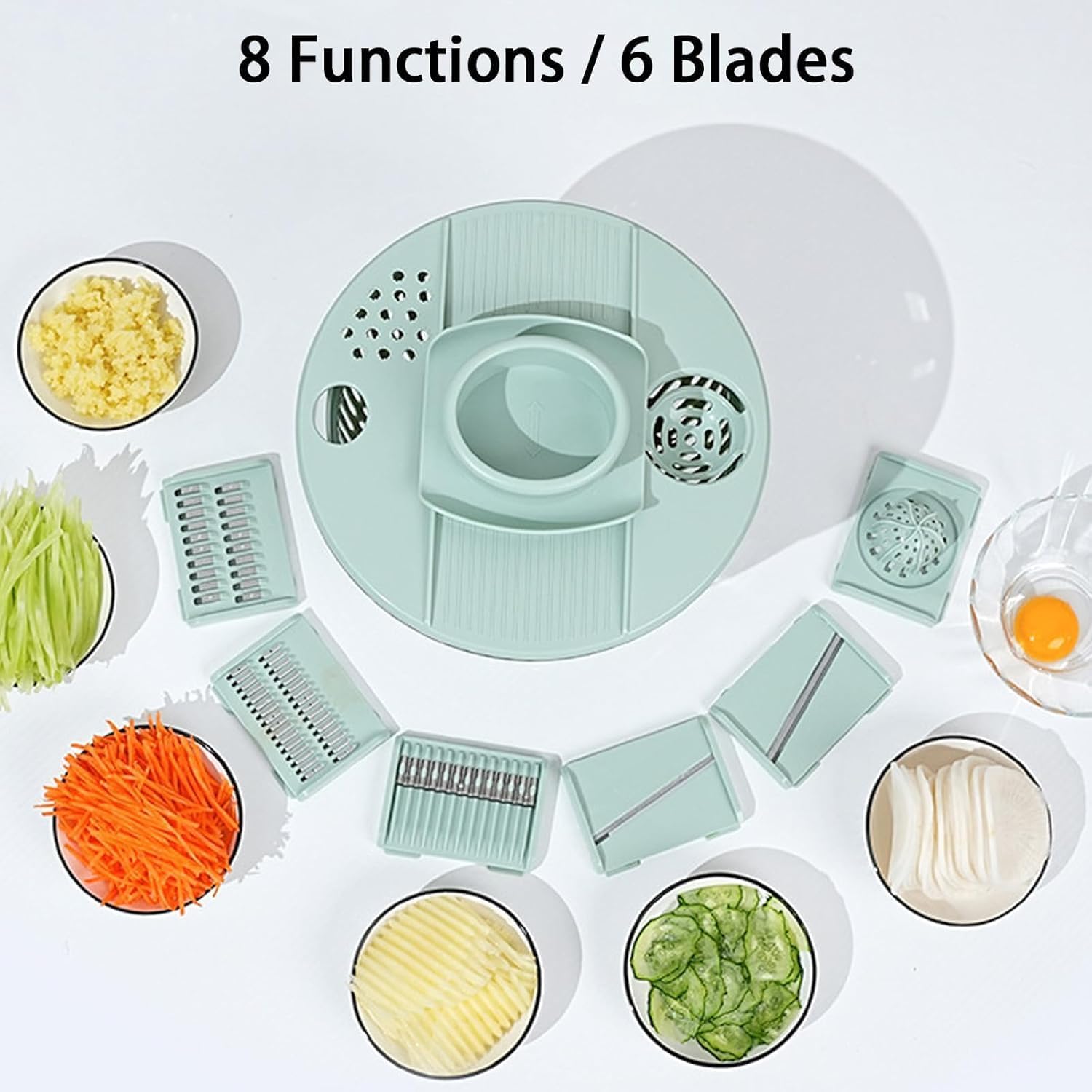 Large Capacity Multi-function Salad Spinner, 6 in 1 Stainless Steel Salad Spinner, Clear Vegetables Fruits Washing Bowl with 8 Functions, Egg Yolk Strainer Slicer Shredder for Kitchen (A)