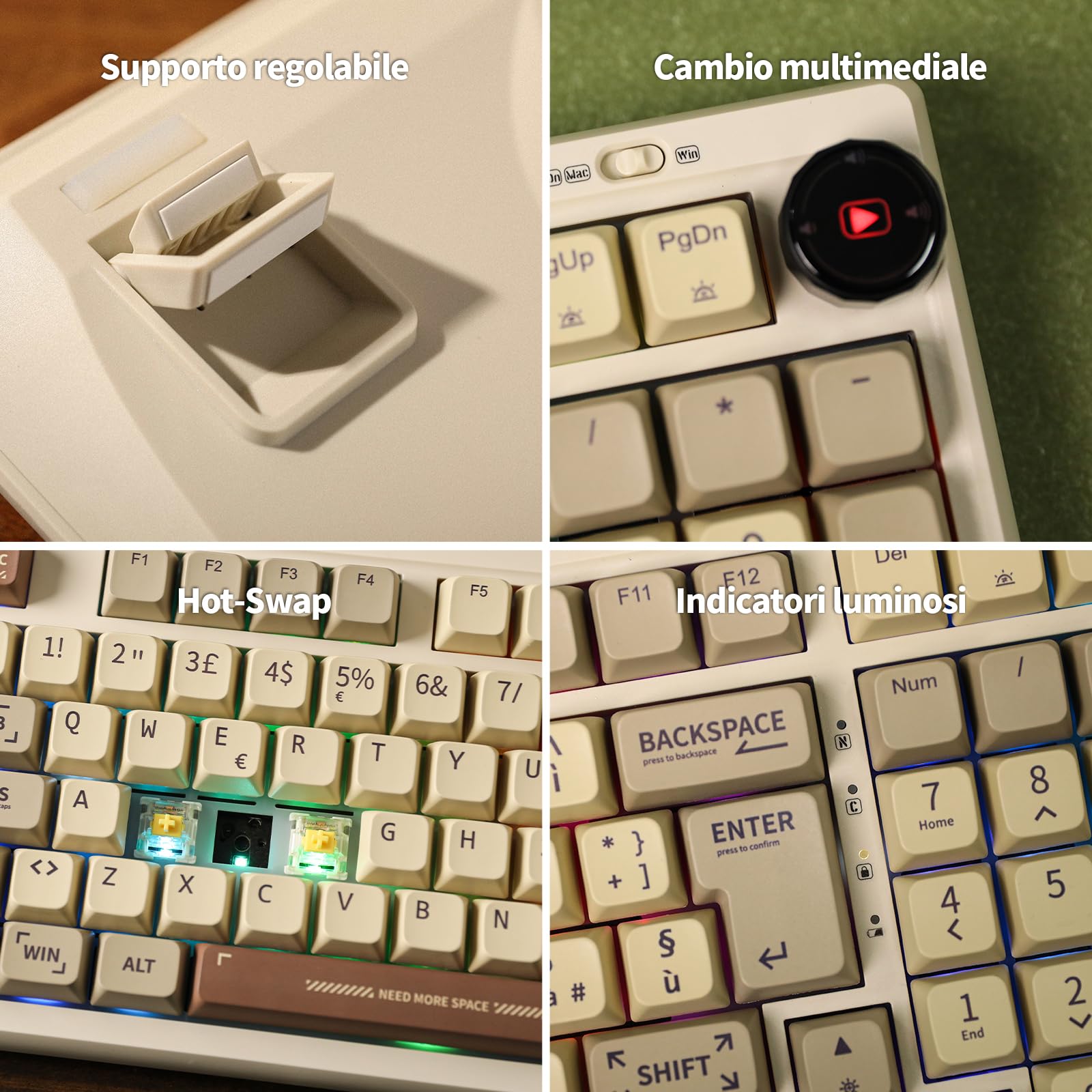 EPOMAKER RT100 ISO (Italiano) Tastiera Meccanica con Mini TV Personalizzabile. 98-key Gasket, knob, 5000mAh, Hot-Swap, Bluetooth/2.4ghz/USB-C per Mac/PC/Game (IT Retro, Wisteria Tactile Switch)
