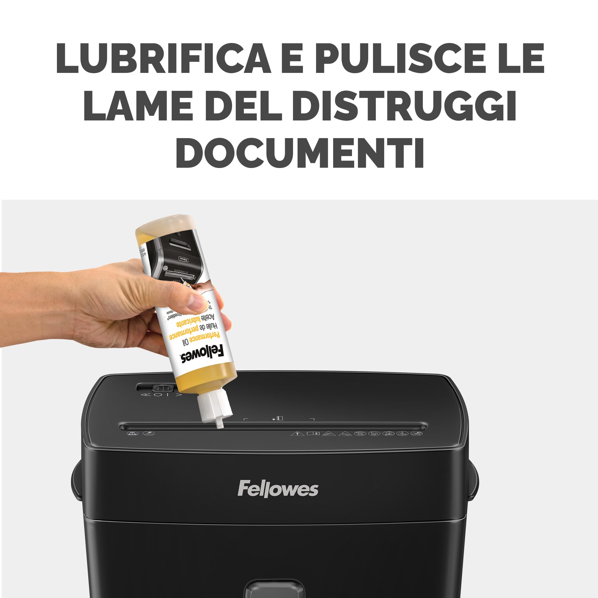 Fellowes Distruggi documenti a frammento FS-8C, 8 fogli, per casa e piccolo ufficio, nero [ESCLUSIVA AMAZON] + Olio per Distruggi Documenti, 120ml - Olio Lubrificante con Beccuccio