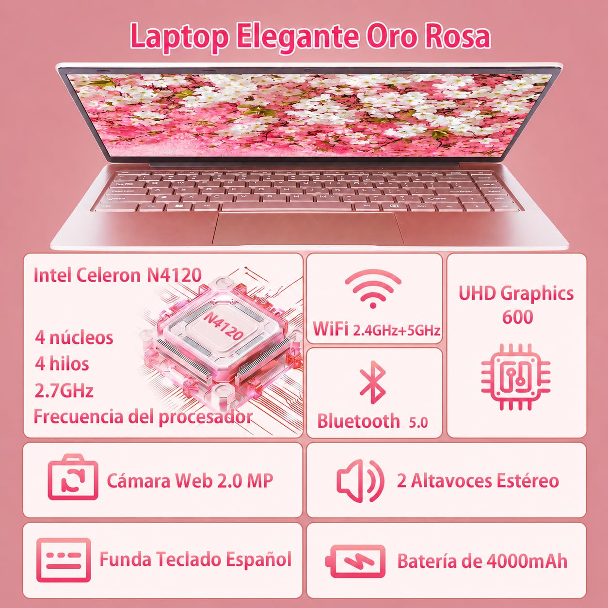 Ordenador Portátil 14 Pulgadas,Celeron N4120 (hasta 2.6 GHz) Win11 Pro, 8GB DDR4, Pantalla IPS FHD 1920x1080,USB 3.0, Laptop Ultradelgado para Estudiantes y Oficina(Oro Rosa, 8+256G SSD)