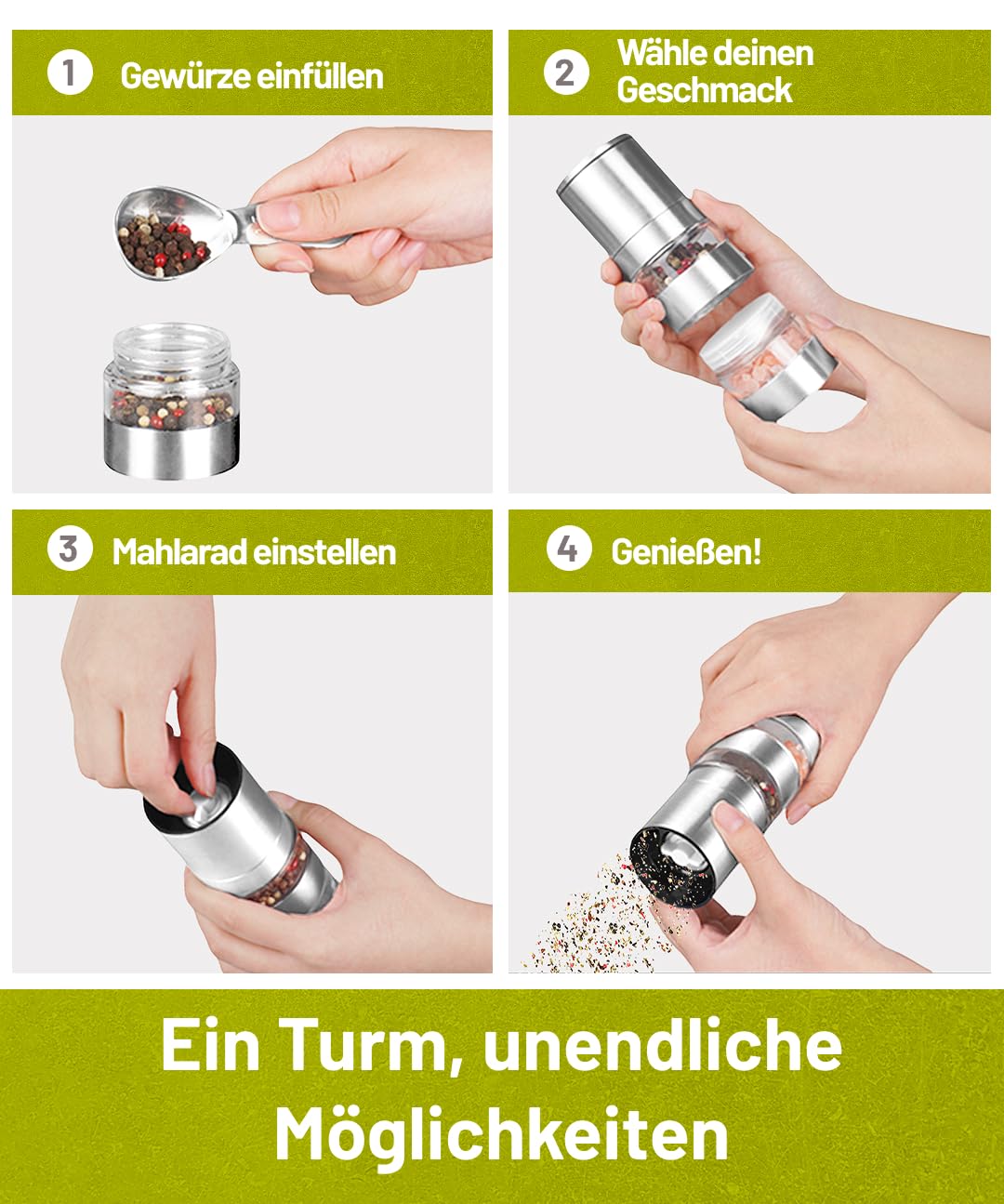 Modulare Salz und pfeffermühle 2 in 1 mit 3 Kammern – Edelstahl Salz Pfeffer Mühle & Gewürzmühle - Pfeffer- und Salzmühle, nachfüllbar & modern