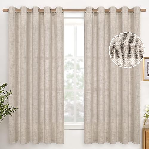 YoungsTex Cortinas de lino natural de 63 pulgadas de largo, 2 paneles de cortinas texturizadas de lino con ojales de bronce para filtrar la luz,