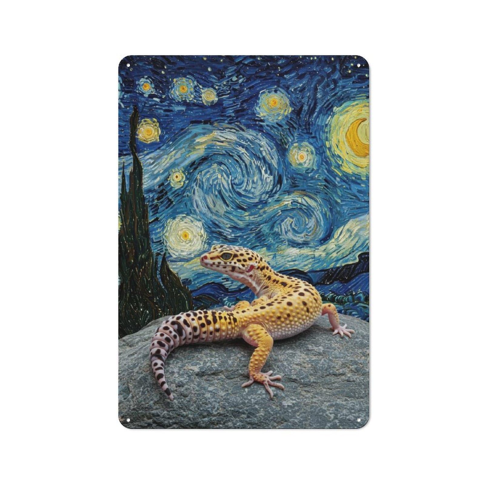 Junmoney Leopard Gecko On Rock, Starry Night Rustic Metal Plaque 30X20cm For Studio Or Craft Room, Housewarming Present For People Styling Studio And Craft Room