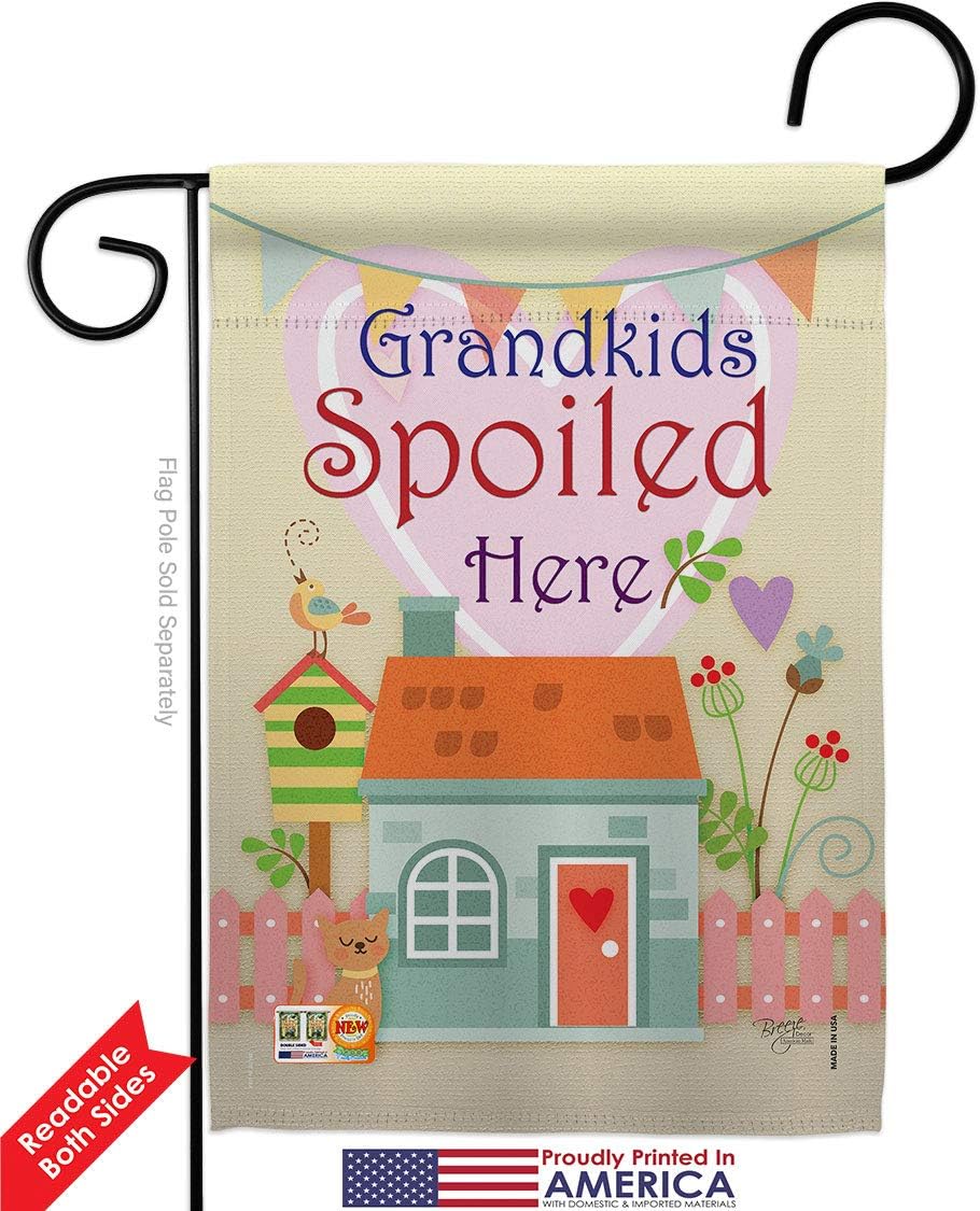 Grandkids Spoiled Here Garden Flag Set with Stand Family Grandkid Grandma Grandpa Grandchildren Parent Sibling Relatives Grandparent Small Gift Yard House Banner Double-Sided Made In USA 13 X 18.5