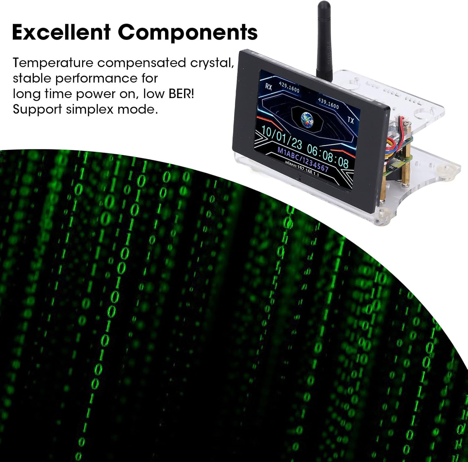 MMDVM Digital Voice Modem with text 'Excellent Components' emphasizing temperature compensated crystal for stable performance.
