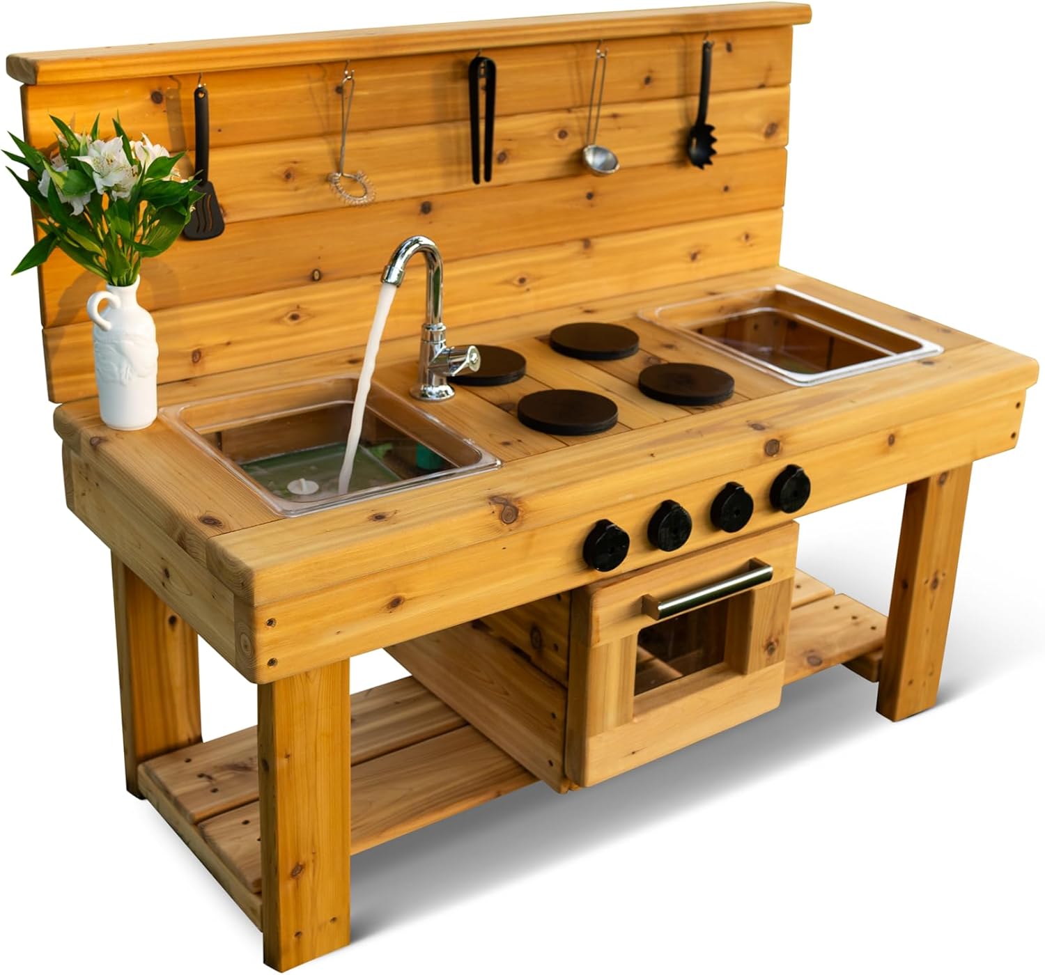 Noble Toys XL Cedar Outdoor Mud Kitchen Centered with Backsplash, Working Faucet and Oven for Toddlers Kids | Pretend Play Table | Sensory Table | Outside Playset | Real Wooden Kitchens | Preschool