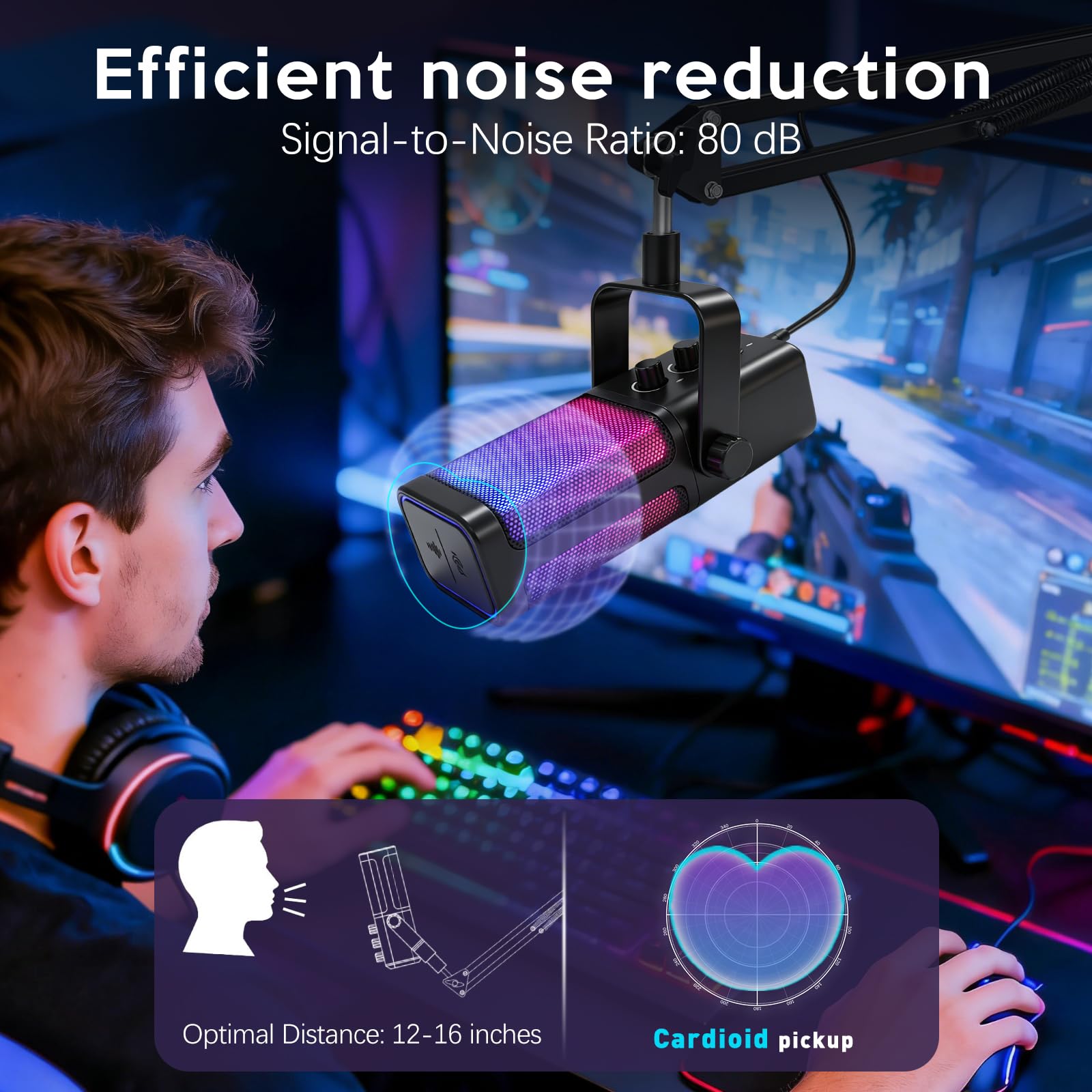 VCOM Microfono da gioco USB RGB con braccio a braccio, riduzione del rumore e muto one-touch, jack per cuffie da 3,5 mm, controllo del guadagno, microfono plug & play per PC, streaming, podcast