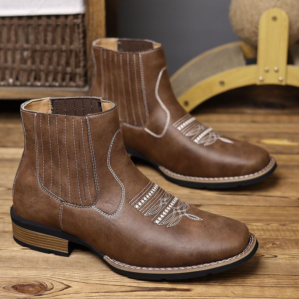 Kowbojskie buty męskie zachodnie skóra PU Chelsea wsuwane okrągłe noski haft retro klasyczny styl ranczo wygodne trwałe moda na co dzień praca