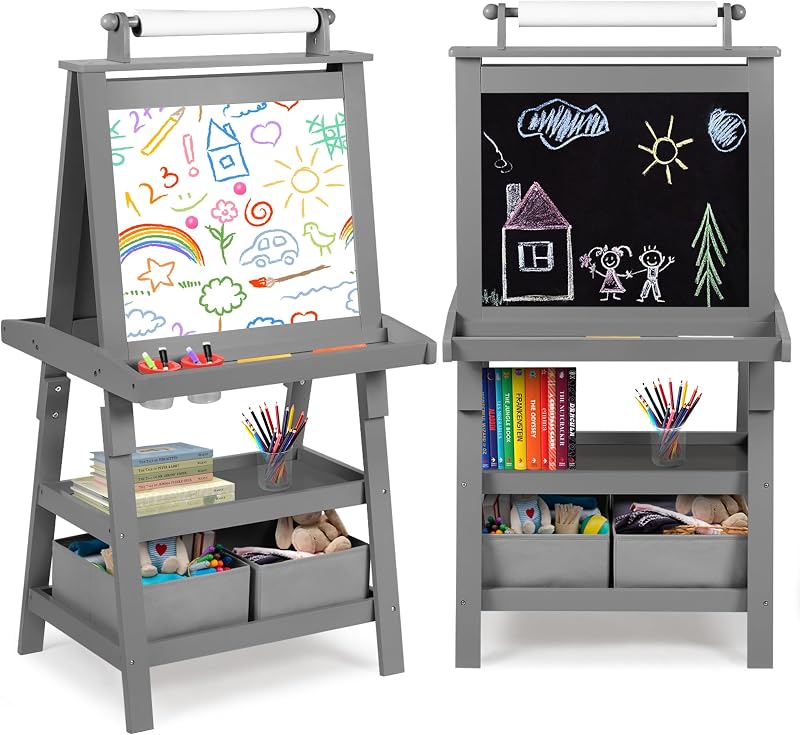 Art Easel for Kids, 3 in 1 Wooden Toddler Easel with Paper Roll | Double-Sided Kids Art Easel with Magnetic Dry Erase Board, Chalkboard, Accessory Tray, Shelves, 2 Storage Bins for Boys Girls