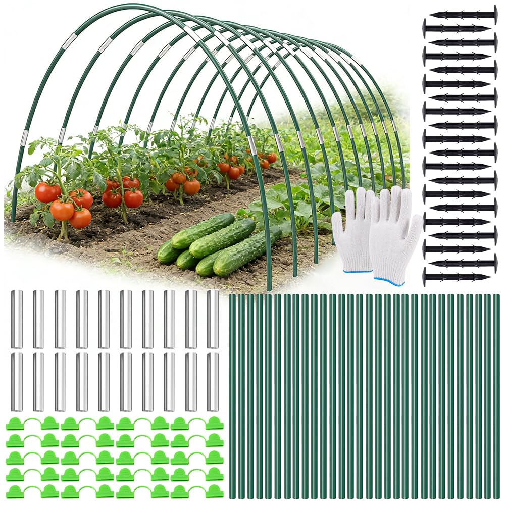 Arceau pour Serre Tunnel, 30 Pièces Arceau de Jardin avc Arceaux, Clous, Tubes de Connexion, Pinces et Gants, Arceaux de Serre pour Tunnels de Culture, Protection Potager Exterieur