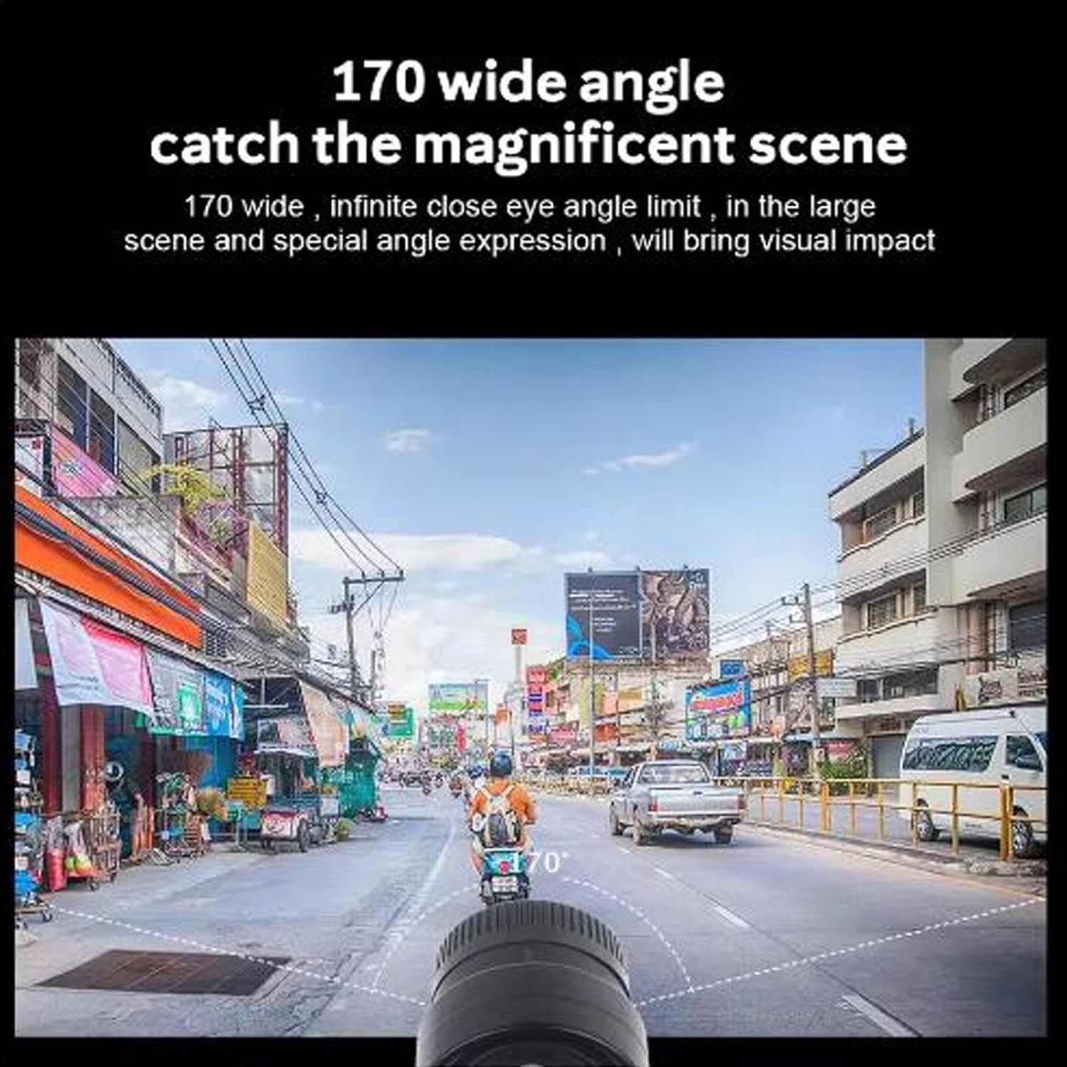 Example of a 170-degree wide-angle view captured by the camera in an urban setting.