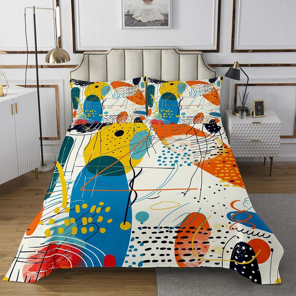 Minimalist Bedspread Set Mid Century Minimalism Coverlet Set,Colorful Hand Drawn Quilt Set Simplistic Geometrical Abstract Sketch Bed Set King,Multicolor Modern Graffiti Ombre Art Room Decor