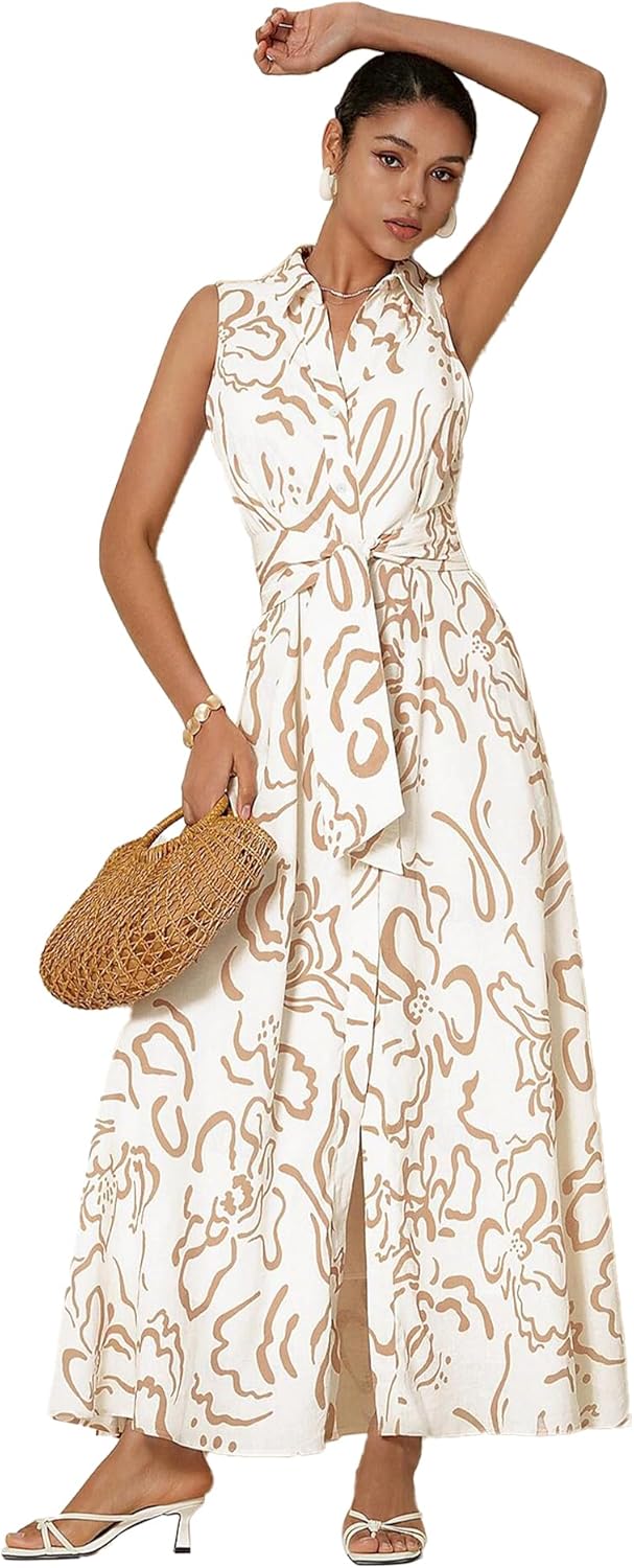 ADOR Women's Summer Button Down Shirt Dresses Sleeveless V Neck Belted Casual Maxi Dress with Pockets