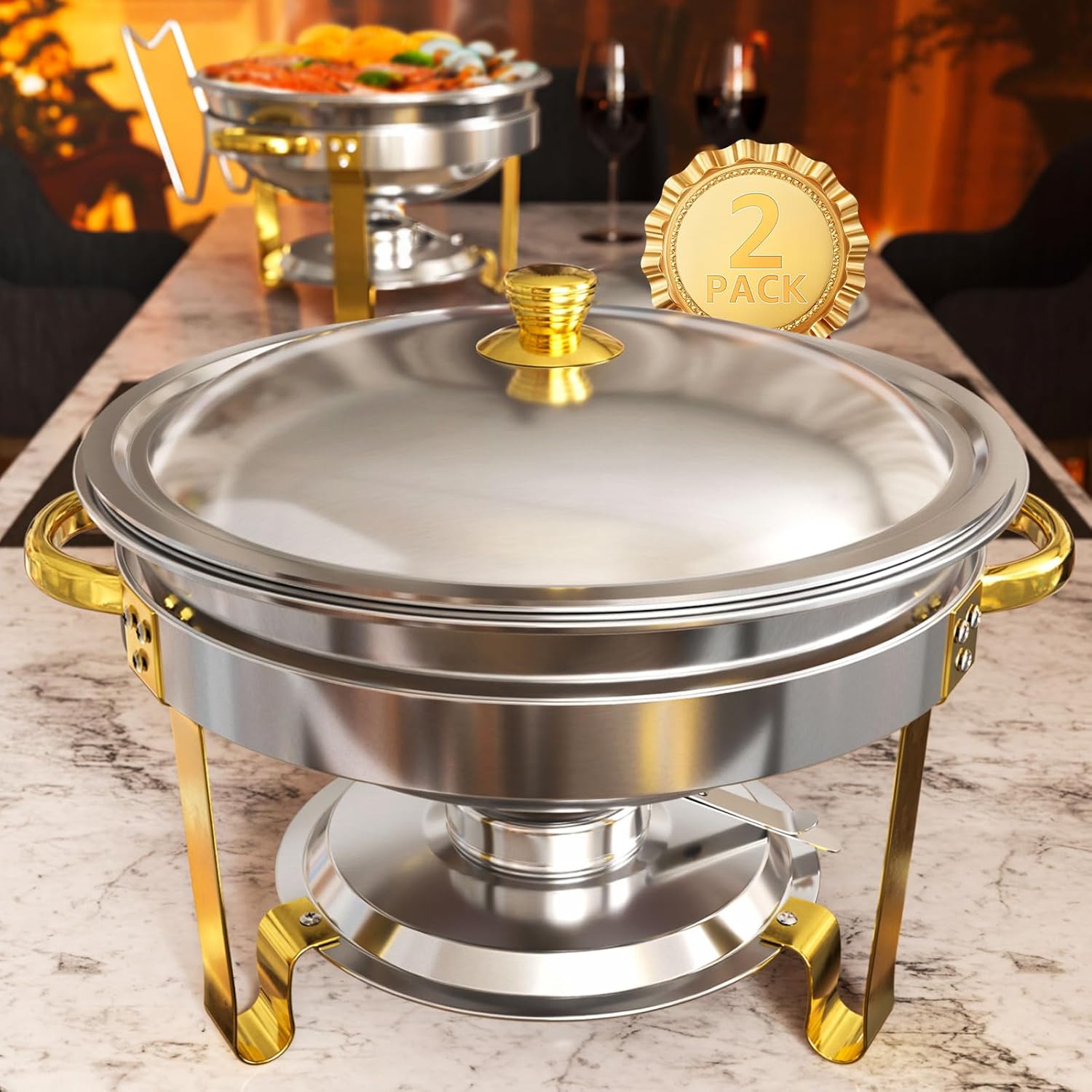 chafing dishes for buffet 2 pack, 5qt round chafing dish buffet set stainless steel gold and silver chafing dishes, complete buffet warmer for catering events parties dinners