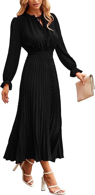 PRETTYGARDEN Women's 2025 Spring Fall Midi Dress Casual Long Sleeve V Neck  Swiss Dot Pleated A Line Flowy Dresses, Black, XXL : Buy Online at Best  Price in KSA - Souq is now Amazon.sa: Fashion
