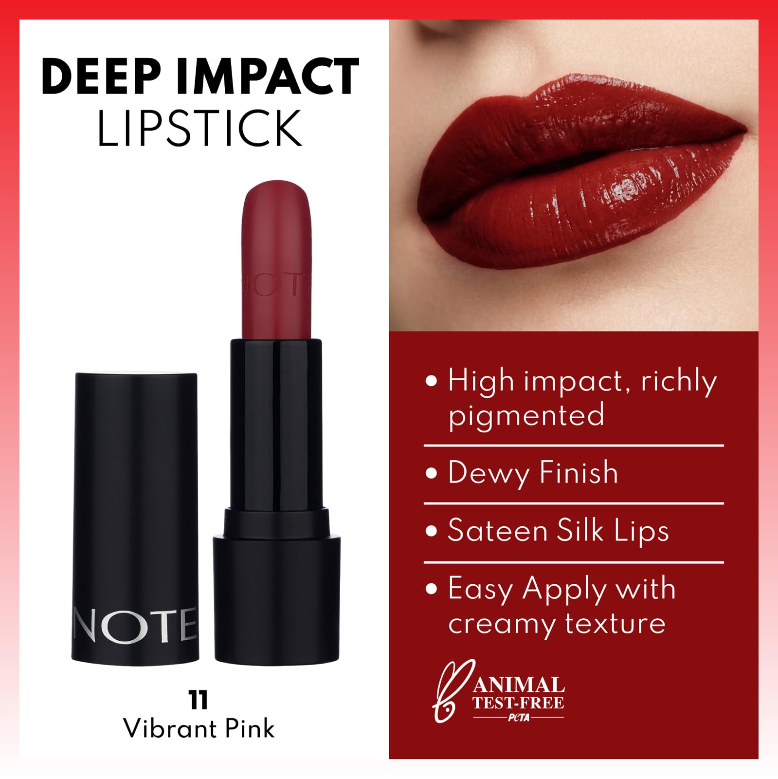 Note Cosmetics Deep Impact Lipstick 11 Vibrant Pink Kremsi Dokulu Yarı Parlak Ruj, Kırmızı