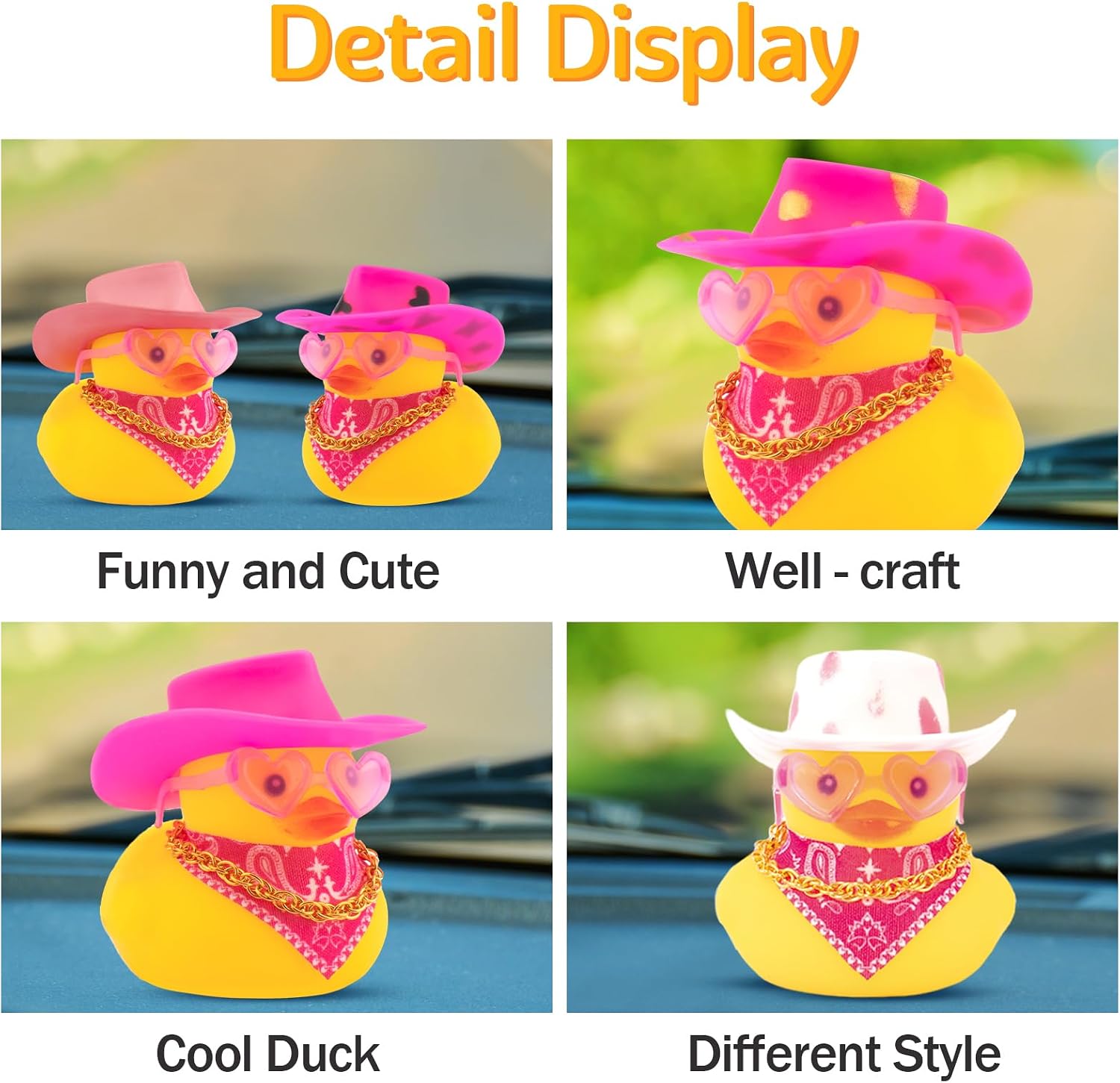 wonuu Car Dashboard Decorations Pink Cowboy Hat Rubber Ducks, Rubber Ducky for Car Ornament Cute Duck with Hat, Glasses, Necklace, Scarf, Pink