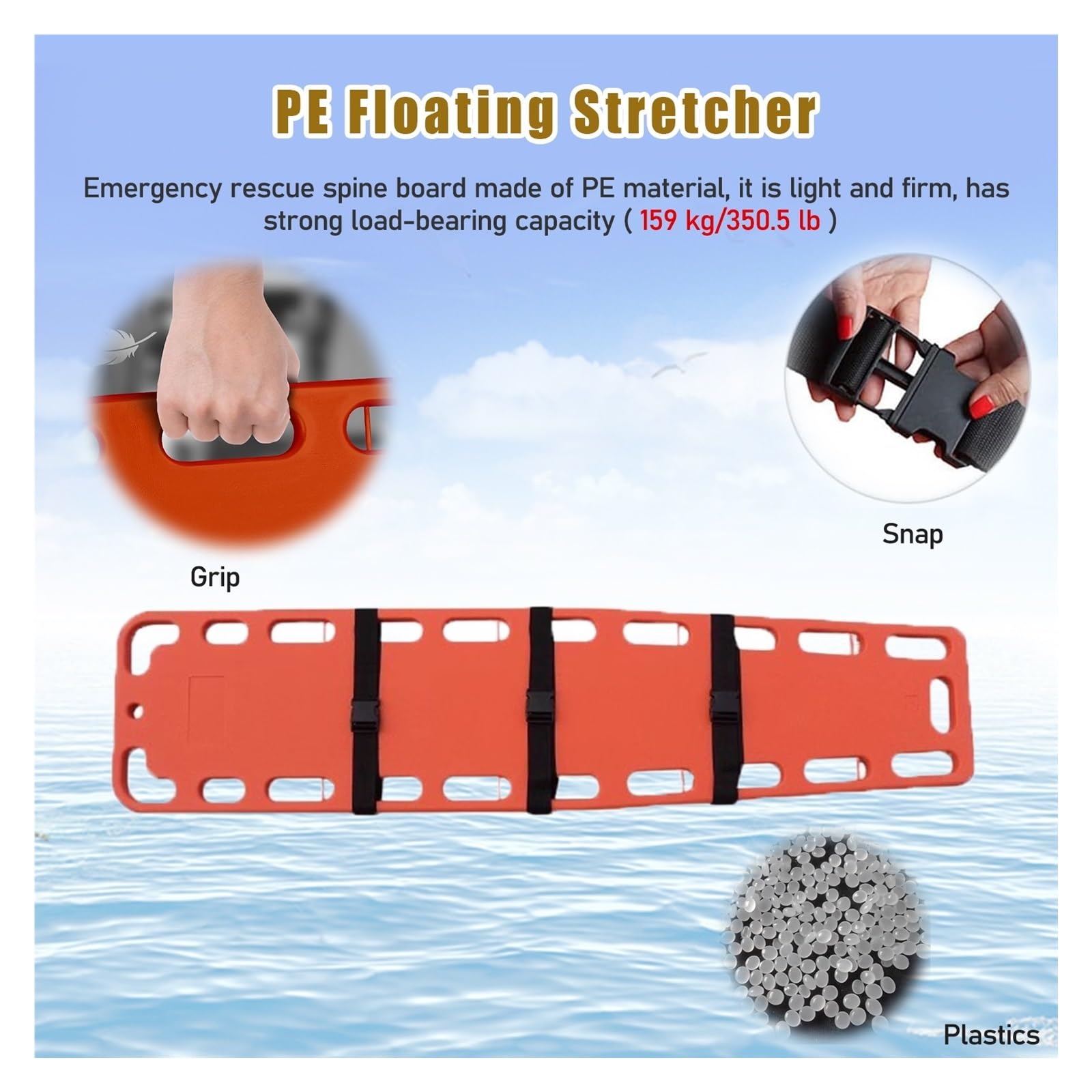 HAIXHX Spineboards Notfall-Rettungstrage Für Rettungsschwimmer, Schwimmendes Tragenbrett Für Schwimmbäder, Erste-Hilfe-Wirbelsäulentransferbrett Mit Immobilisationsgurtsystem(Orange)