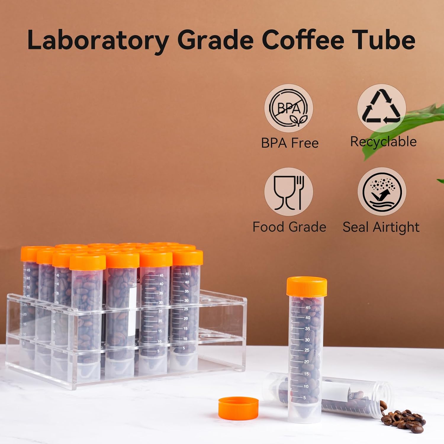 20Pcs Single Dose Coffee Bean Storage Tubes with Stand & Hopper - Plastic Airtight Coffee Bean Cellar, Espresso Coffee Dosing Vials with Scales and Write Marks for Ground Coffee Spices Loose Tea, 17g