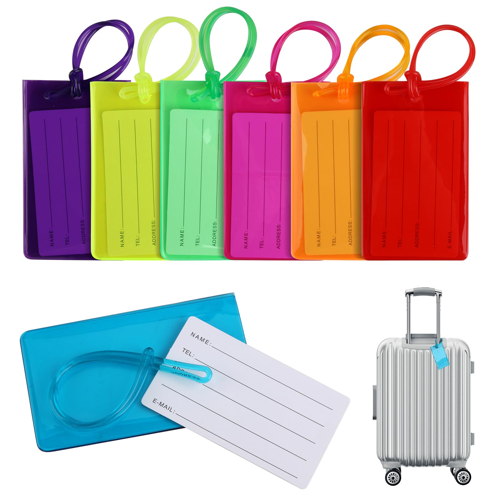 TravelMore - Lot De 7 étiquettes De Bagages Multicolores - PVC Flexible, 10,4x5,8 Cm - Imperméables, Personnalisables - Pour Valises, Sacs à Dos