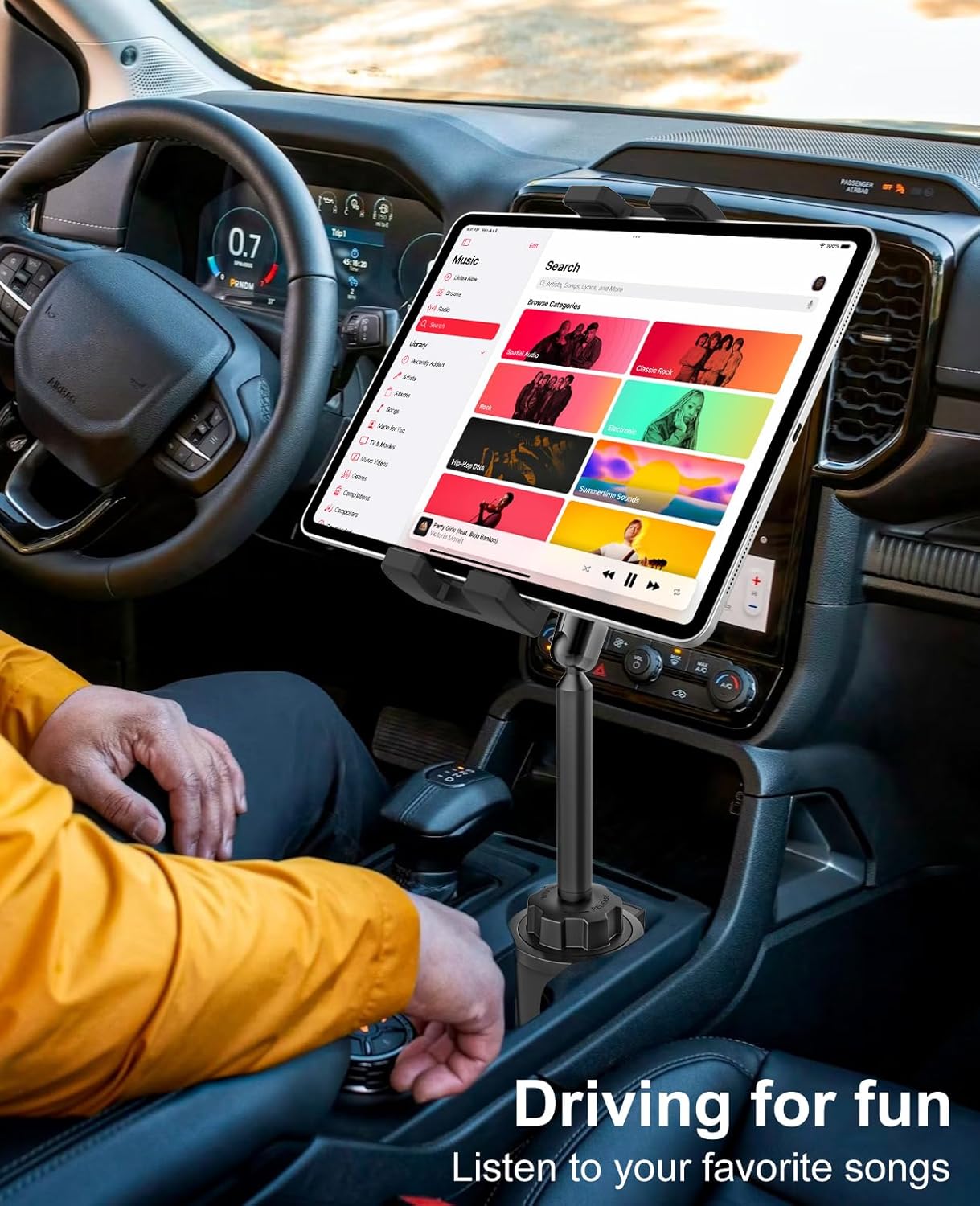 GDZN Cup Holder Car Tablet Mount for Truck, [Sturdy 2-Section Metal Arm] Car Cup Tablet Holder, Adjustable Vehicle/Pickup Truck Tablet Cup Mount for iPad Pro 11 12.9, Galaxy Tab, Fire, 4-13'' Devices