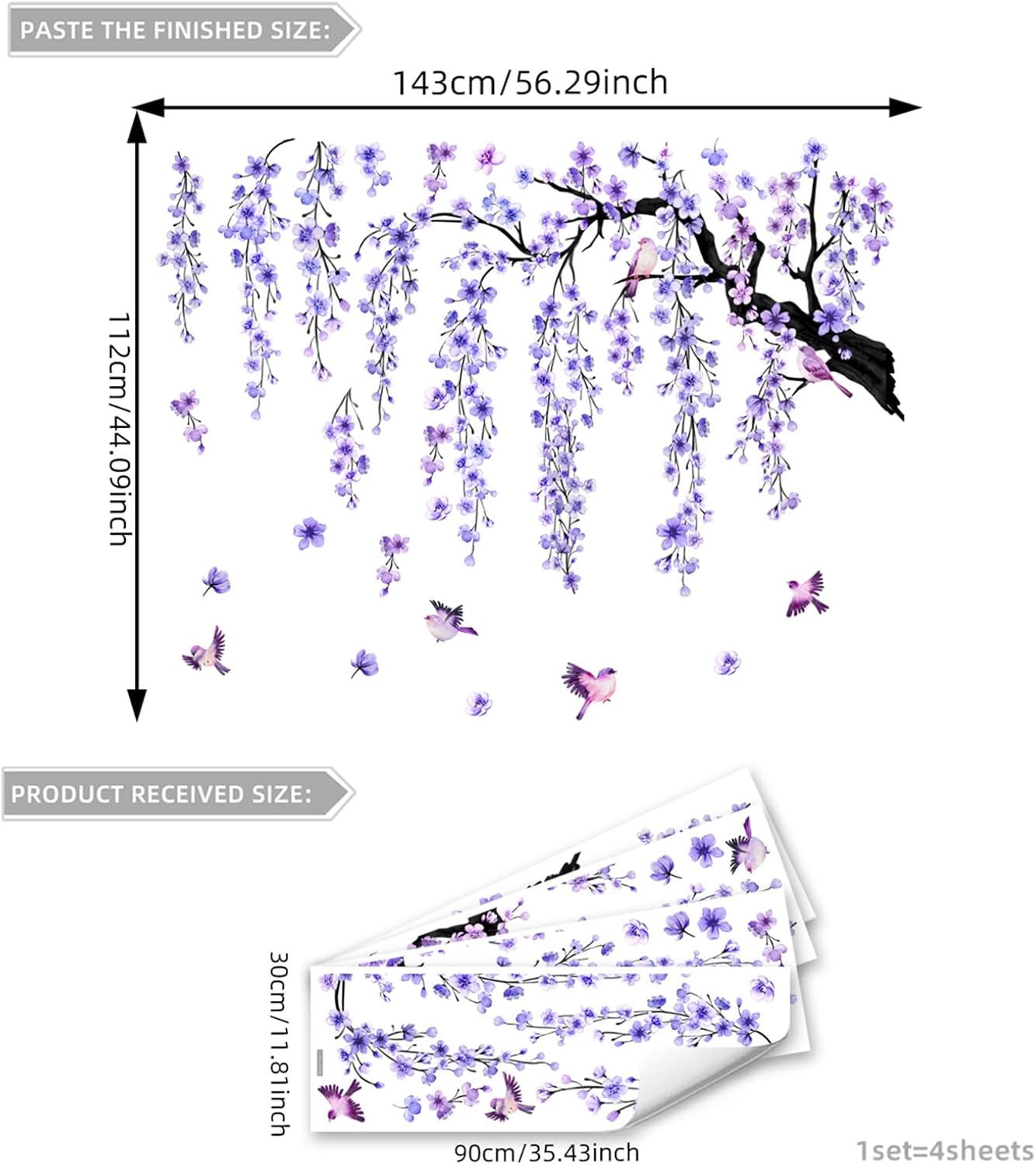 Lilac Wall Decoration Large Cherry Blossom Tree Wall Stickers, 4 Sheets Spring Purple Flower Bird Wall Decals Peel and Stick Wall Murals Decor for Living Room Bedroom (Purple, 11.8 * 35.4inch)