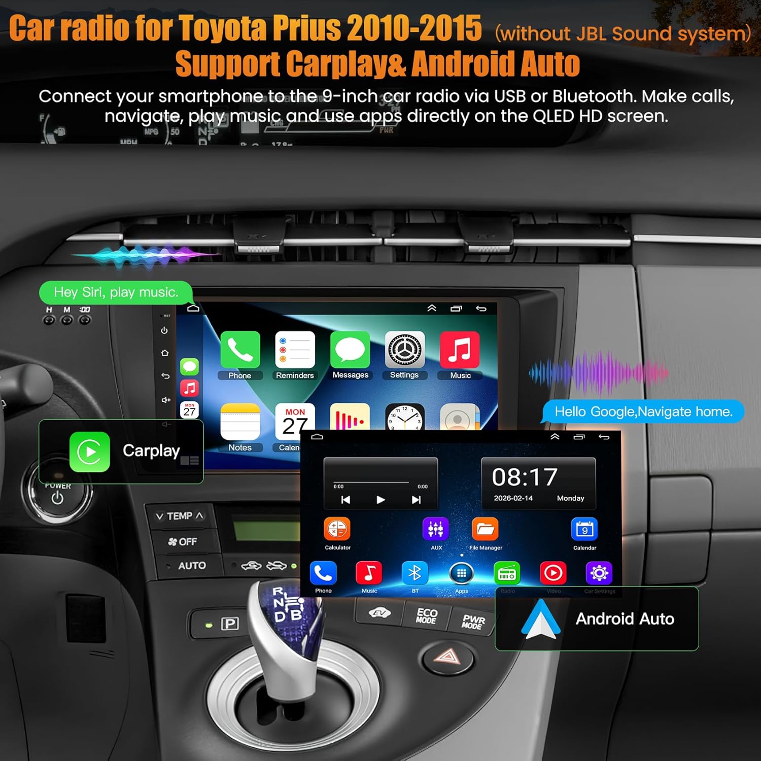 Car Radio Stereo for Toyota Prius 2010-2015 Without JBL Sound System, Support Wireless Carplay/Android Auto/Mirrorlink, 9 Inch QLED Touchscreen with Bluetooth,FM Radio