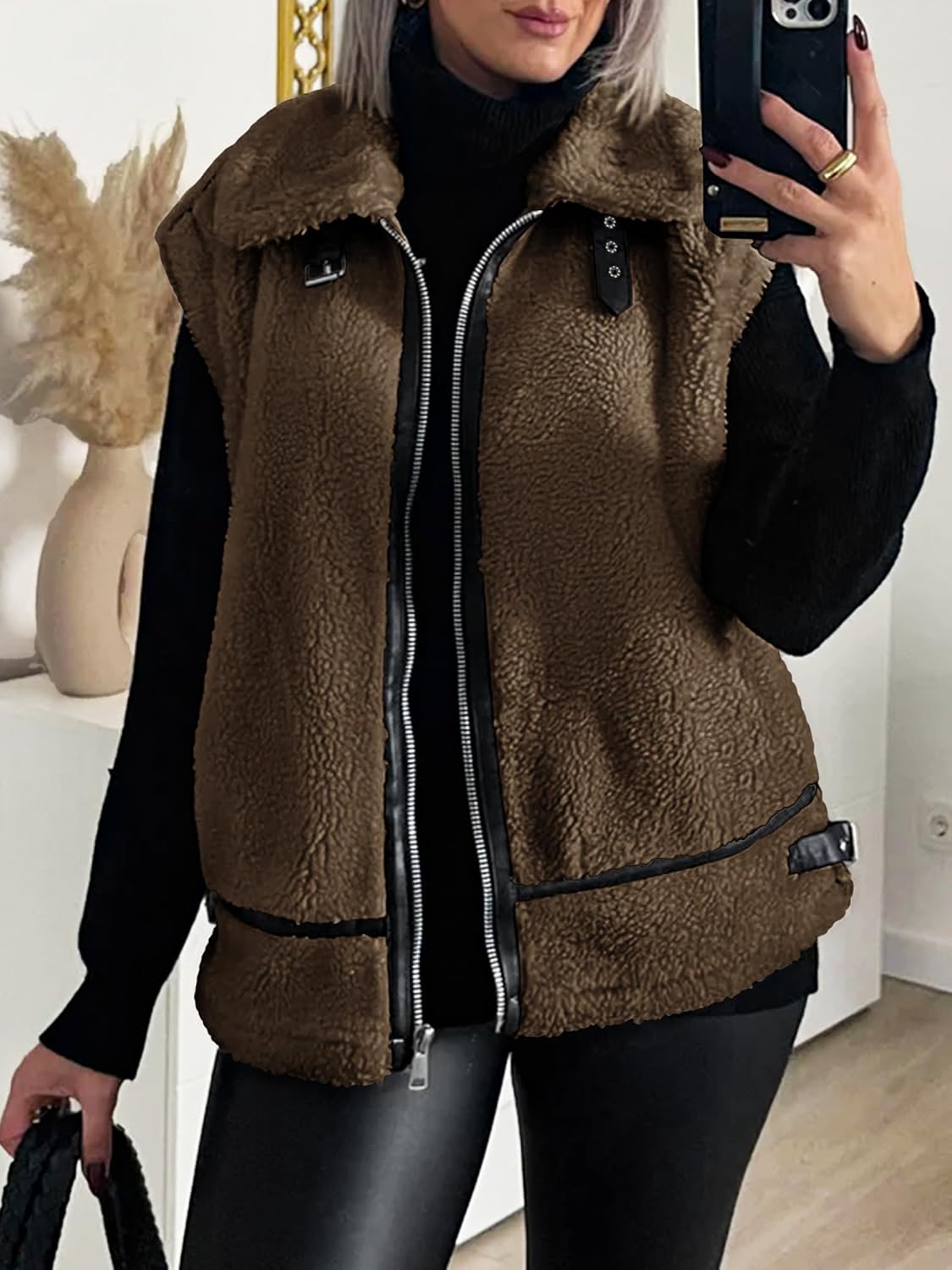 Women's Zip Up Sherpa Shacket Jacket Sleeveless Faux Fur Warm Fall Winter Outwear Fuzzy Fleece Coats - Image 3