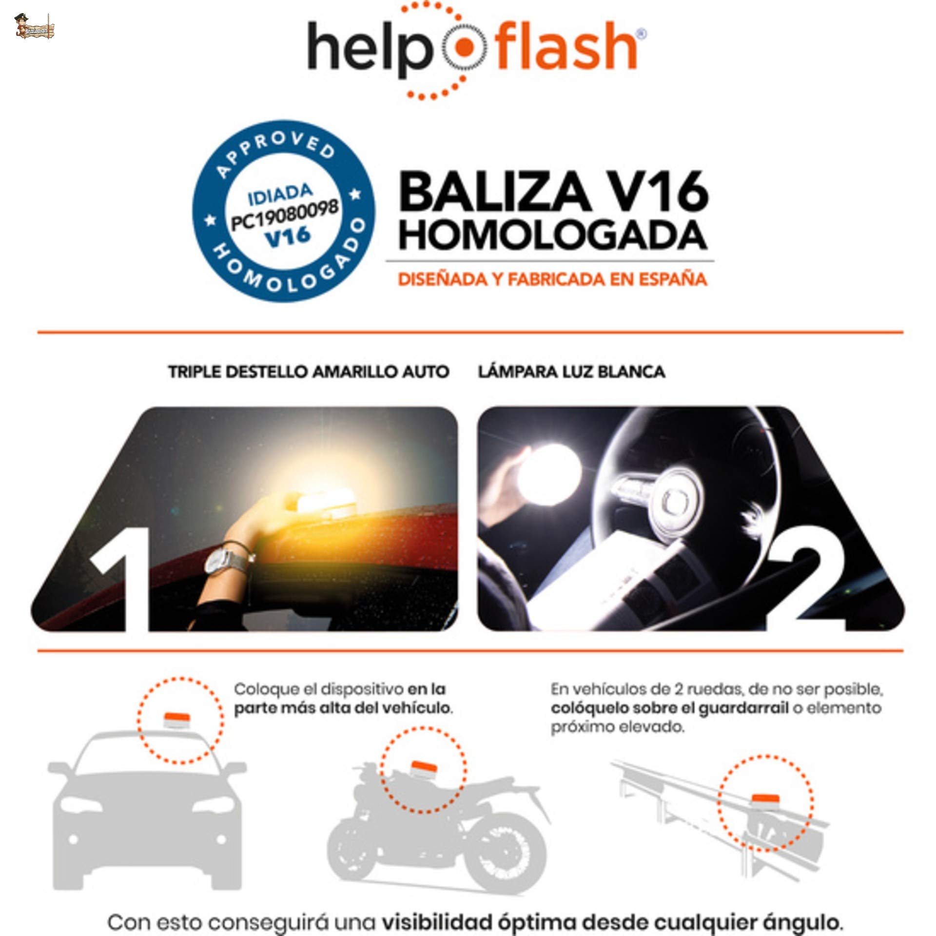 BricoLoco Luz V16 homologada DGT. Señal baliza Luminosa Emergencia, Coche, Moto. Autónoma. Baliza + Linterna. Encendido automático. Imantada. con Test de Pila. (2)