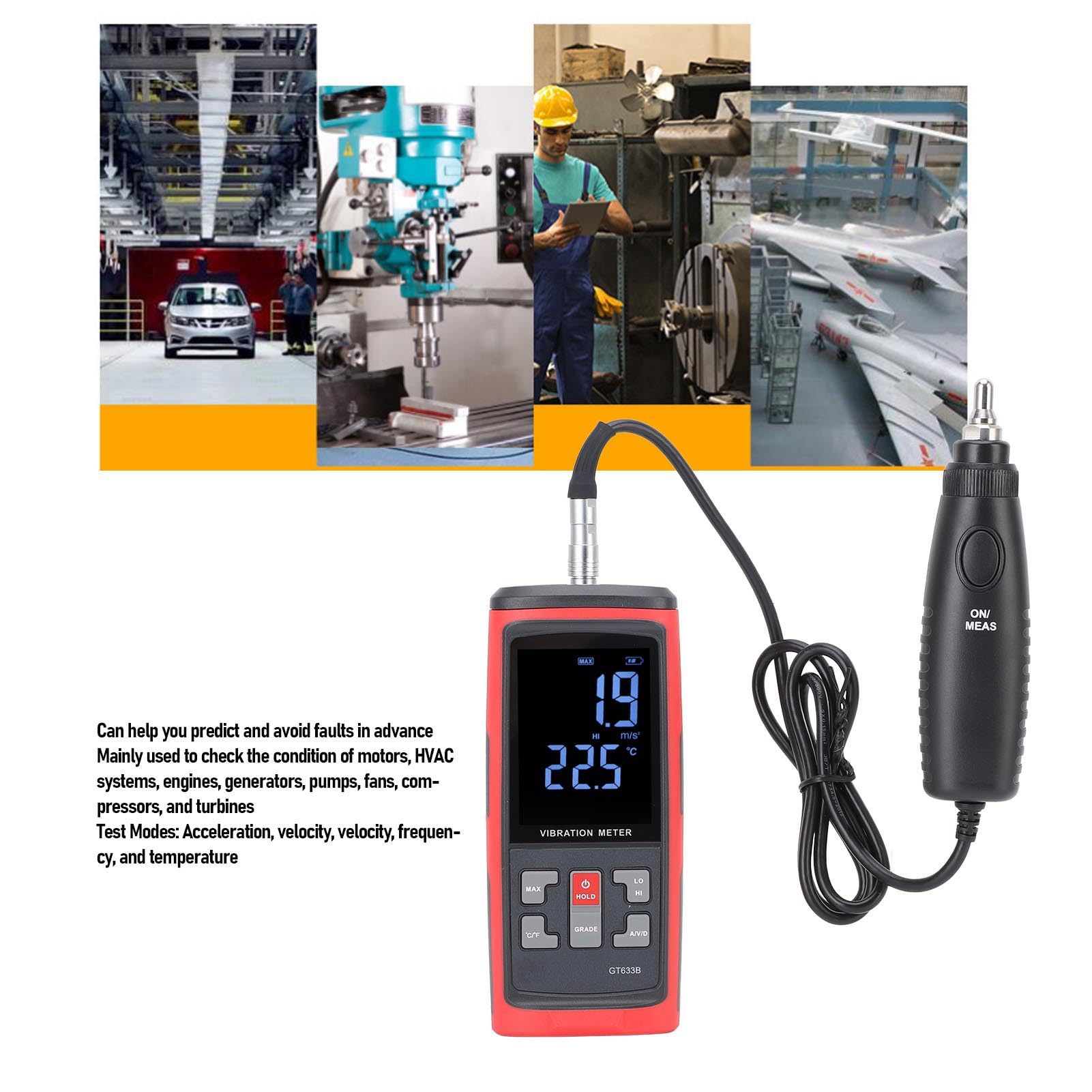CHICIRIS Analizador de Medidor de Vibraciones Digital con Pantalla LCD para Ingenieros y Técnicos en Pruebas de Motores y HVAC