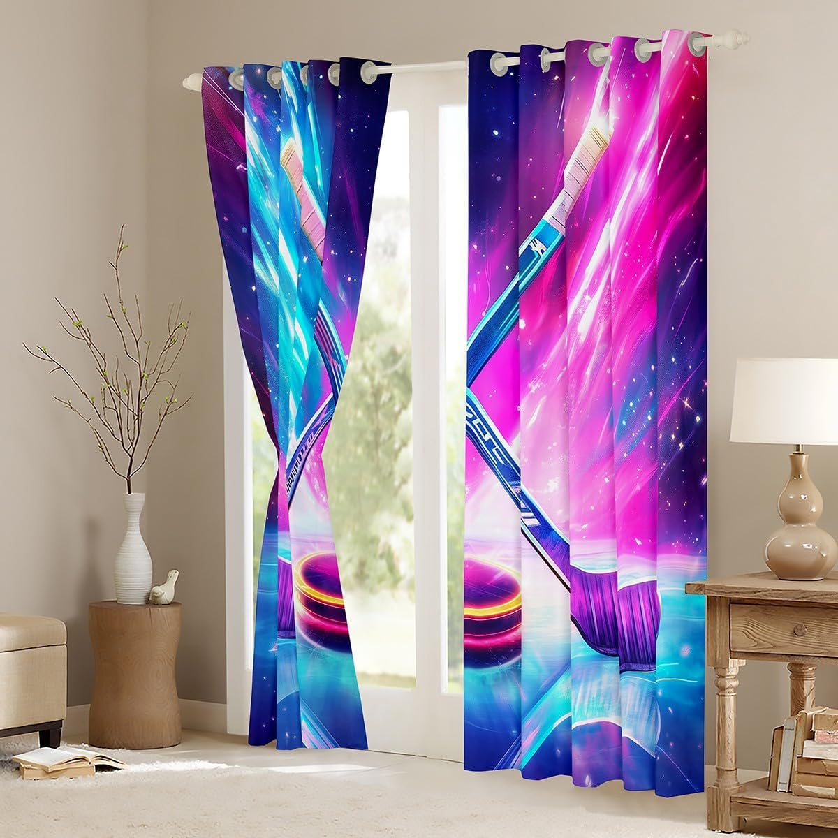 Manfei Ice Hockey Curtains for Children,Modern Sporting Ball Game Hockey Lovers Window Drapes Bedroom,Hockey Stick Neon Purple Blue Glitter Window Treatment Block 30%-50% Light 2 Panels,42Wx90L