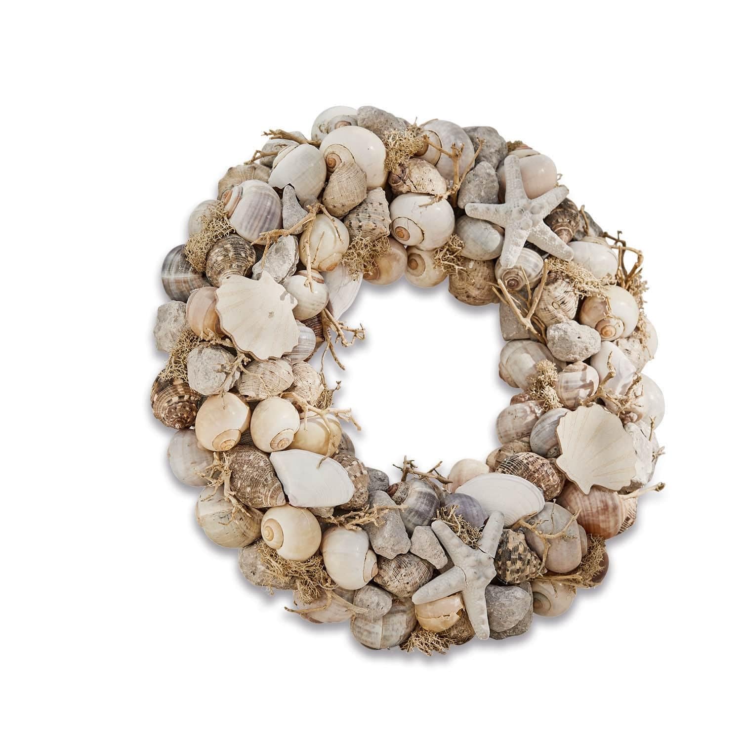 Loberon Kranz Enna, mit Echten Muscheln und Keramik-Seesterne Verziert, Maritimes Flair, Gartenzubehör, Gartendekoration, Bimsstein, Pappe, grau