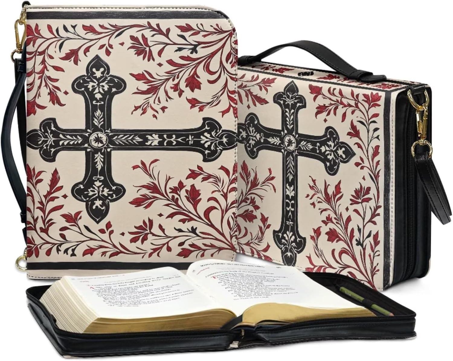 Attractive Print Bible Cover with Bonus Bookmark Retro Religious Cross Bible Cover Case for Women with Handle Zipper Large Lightweigh Scripture Book Study Accessories