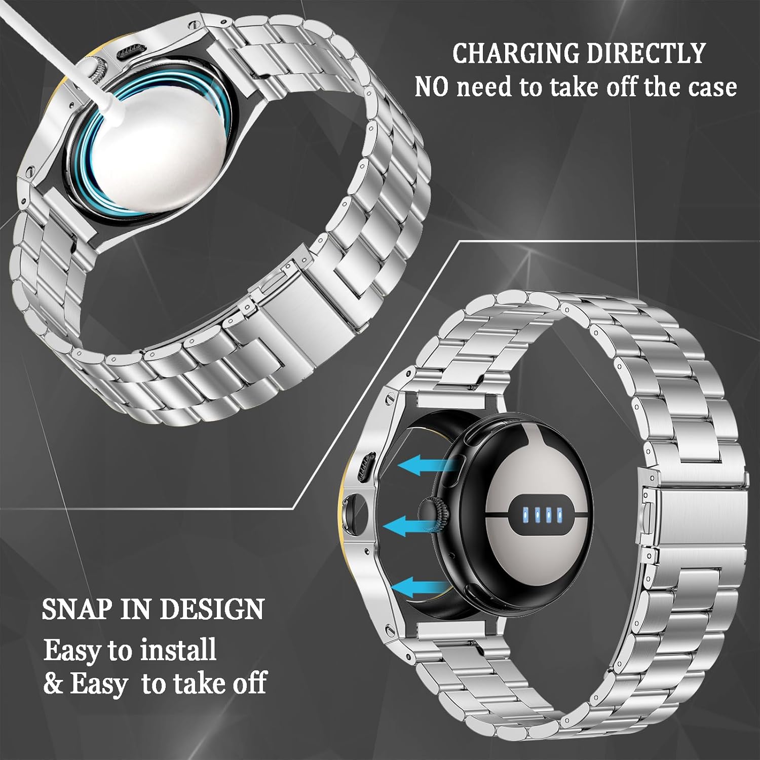 MioHHR Compatible with Google Pixel Watch 3 45mm Bands for Men Women, Stainless Steel Case with Smartwatch Strap Bands for Google Pixel Watch 3 45mm (2024), Silver/Gold