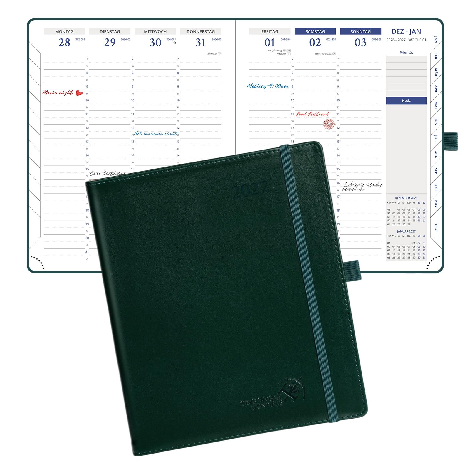 POPRUN Kalender 2027 A5 + auf Deutsch Wochenplaner mit PU-Softcover | Terminplaner,(Jan.2027-Dez.2027),Wochenplaner mit 30-Minuten-Taktung,Monatsregister,100 GSM Papier(Dunkelgrün)