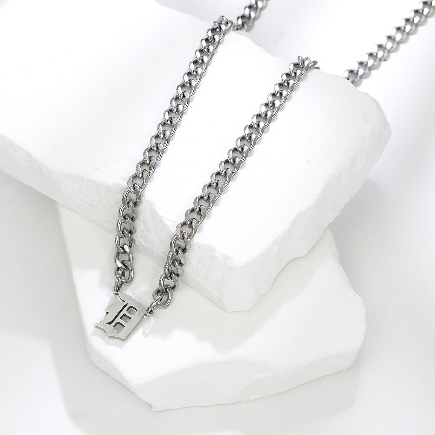 Gothic Initial Necklace for Men, Stainless Steel Cuban Link Chain Pendant Neckless for Mens Womens Old English Initial A-Z Letter Name Personalized Necklace Jewelry Gifts for Him - Image 8