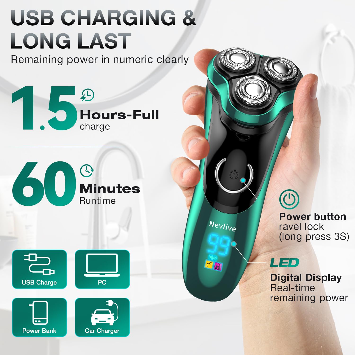 Elektrischer Rasierer für Herren, kabelloser wiederaufladbarer 3-Kopf-Rasierer mit Ladeständer, Wet & Dry IPX7 wasserdicht, eingebauter Pop-Up-Trimmer