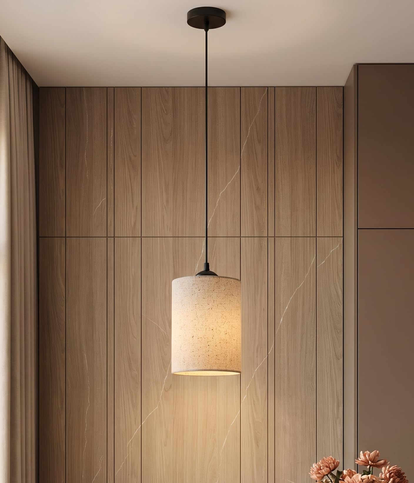 Fabric Linen Pendant Lamp with Bulb | Cylinder Shade, Warm Ambient Glow, Black Ceiling Mount, Modern Hanging Light, Linen Texture Finish-image-38