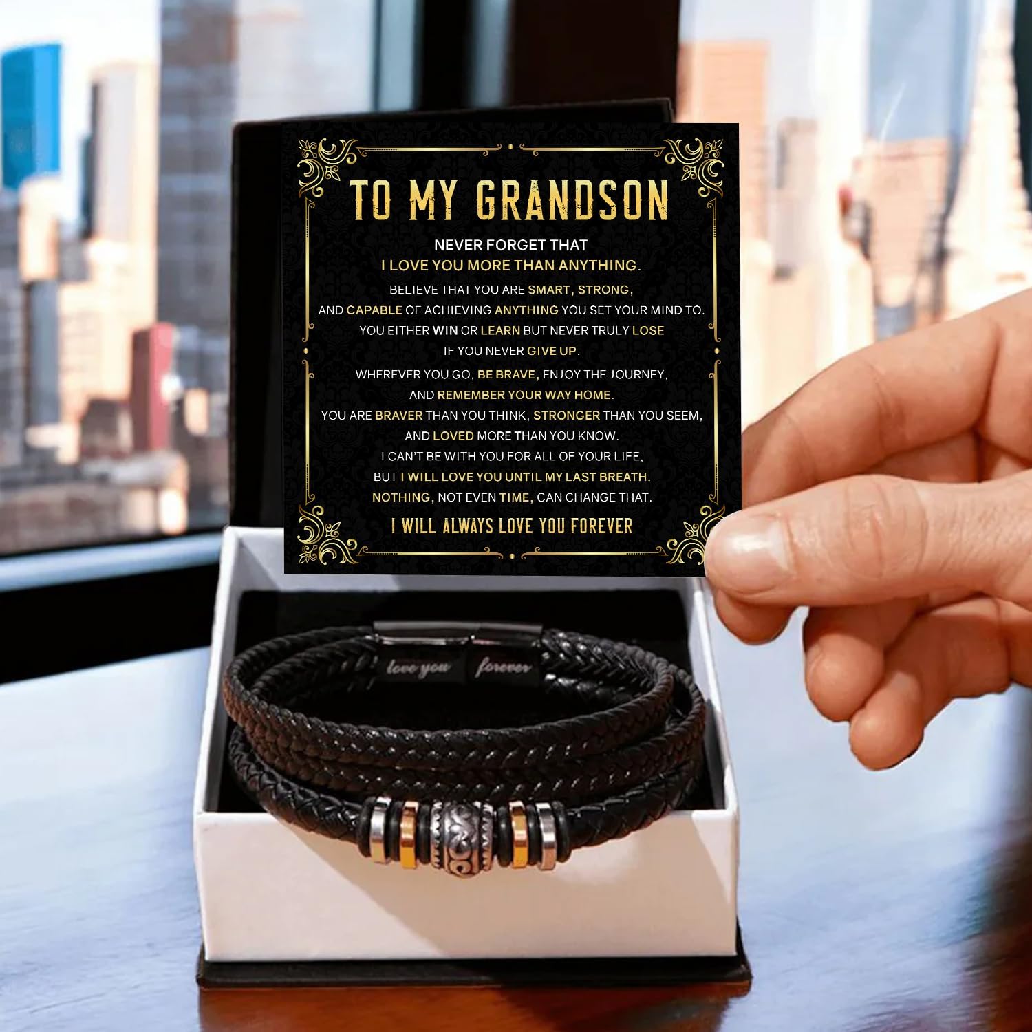 To My Grandson – Braided Leather Bracelet with Love You Forever Message, Thoughtful Gift from Grandpa & Grandma with Elegant Gift Box – Ideal for Birthday, Graduation, Christmas For Grandson