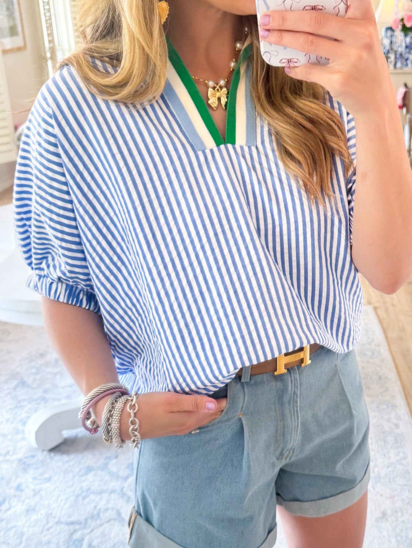 Samefar Womens Short Dolman Sleeve Tops Striped V Neck Summer Casual Loose Fit Blouses Business Tee Shirts Dressy — view 2