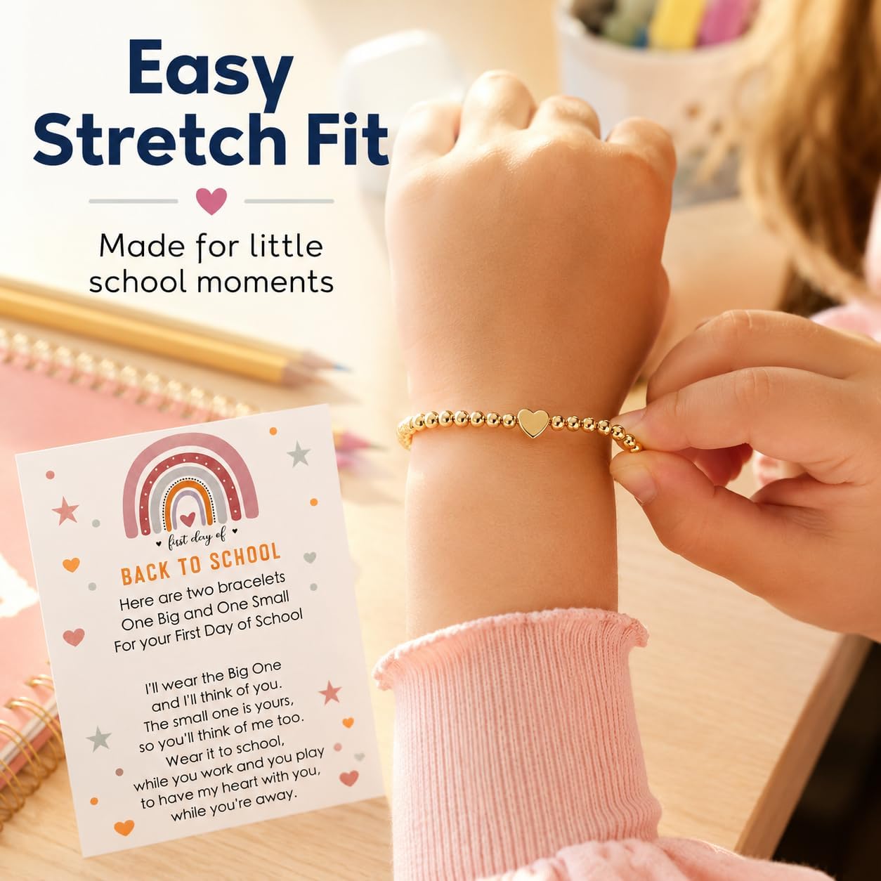 Back to School Bracelets Heart Matching Mommy and Me Elastic Wish Strings Bead Bracelets First Day of School Supplies Gifts