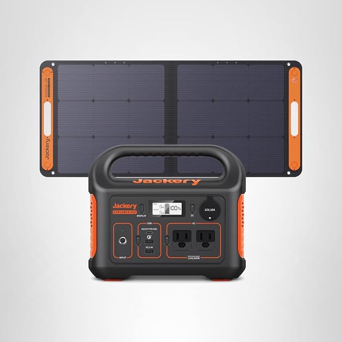 Jackery Solar Generator 300, 293Wh Backup Lithium Battery with 1XSolar Panel SolarSaga 100W, 110V/300W Pure Sine Wave AC Outlet for RV Outdoors Camping Travel Blackout