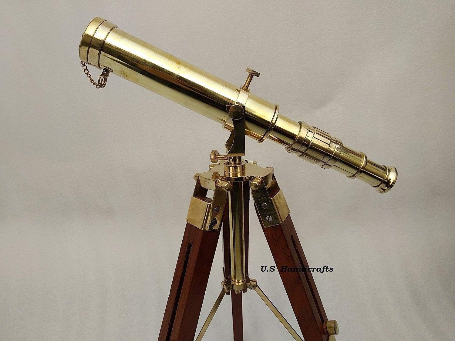 Brass Telescope with Brown Tripod Stand Antique Designer Scope A