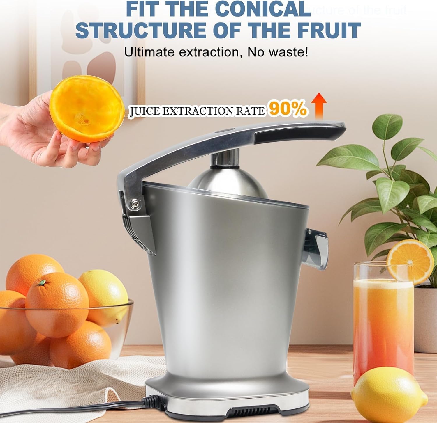 HealSmart Electric Citrus Juicer – Automatic Orange & Lemon Squeezer, One-Touch Operation, High Juice Yield, Easy Clean & Dishwasher Safe, Stainless Steel, Silver for Home Kitchen